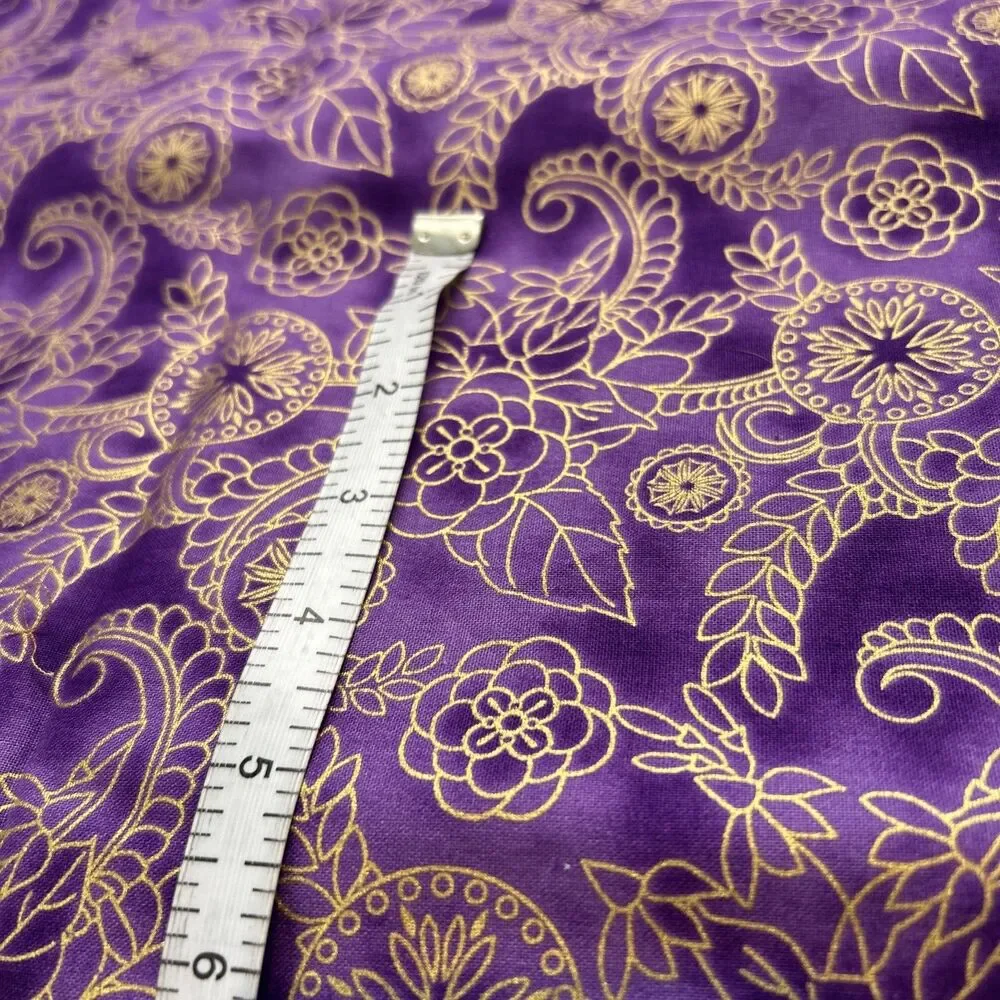 Purple & Gold Metallic Pattern Floral Medallion Cotton Quilting Fabric 3.4 Yd
